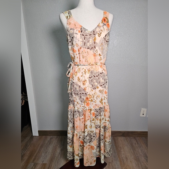 Sleeveless Tiered Floral Summer Tank Dress With Tie Peach And Brown Sz 12 - Picture 1 of 12